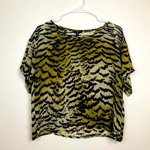AQUA Brown Black Abstract Animal Print Sheer Short Sleeve Blouse Top